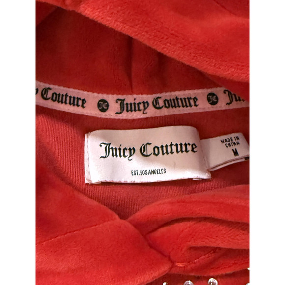 Juicy Couture Hoodie Womens Medium Red Velour Crystal Studs Juicy Bling Pullover - Picture 2 of 6